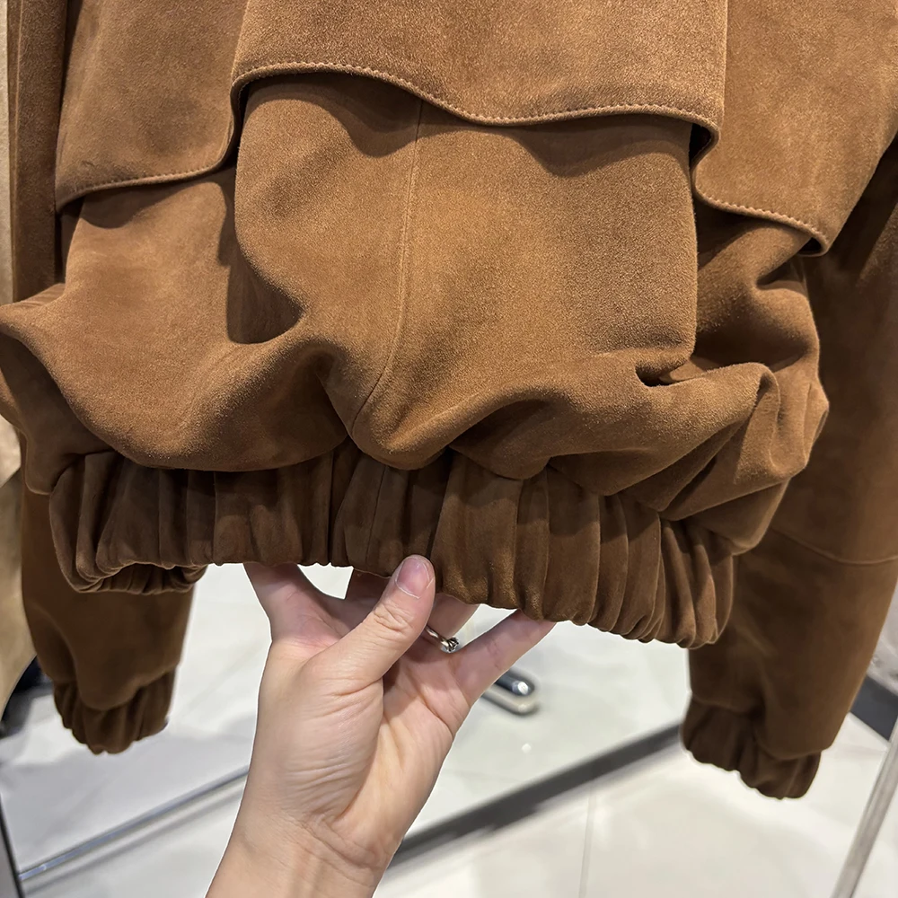 YOLOAgain Oversized Suede Leather Cropped Jacket Coat Women Drop-shoulder Dark Brown Genuine Leather Jacket Coat 2025 Autumn