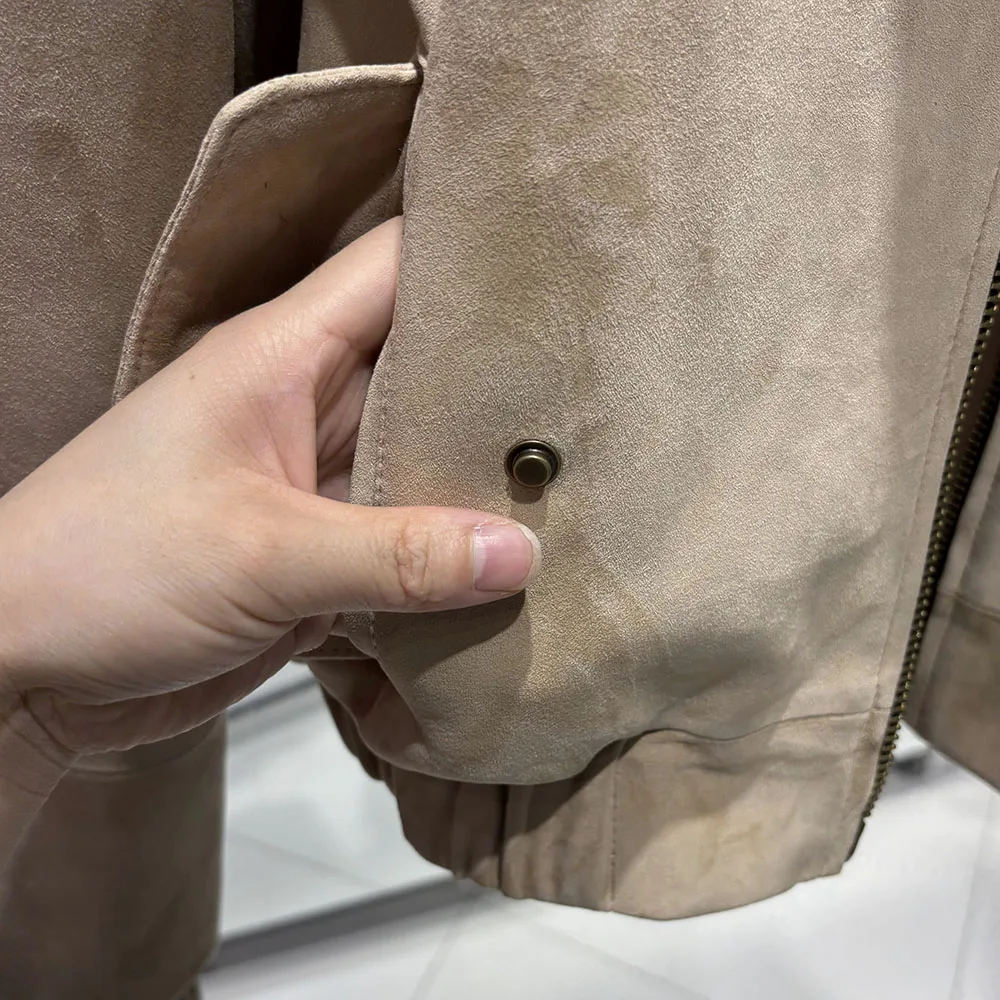 YOLOAgain Oversized Suede Leather Cropped Jacket Coat Women Drop-shoulder Dark Brown Genuine Leather Jacket Coat 2025 Autumn