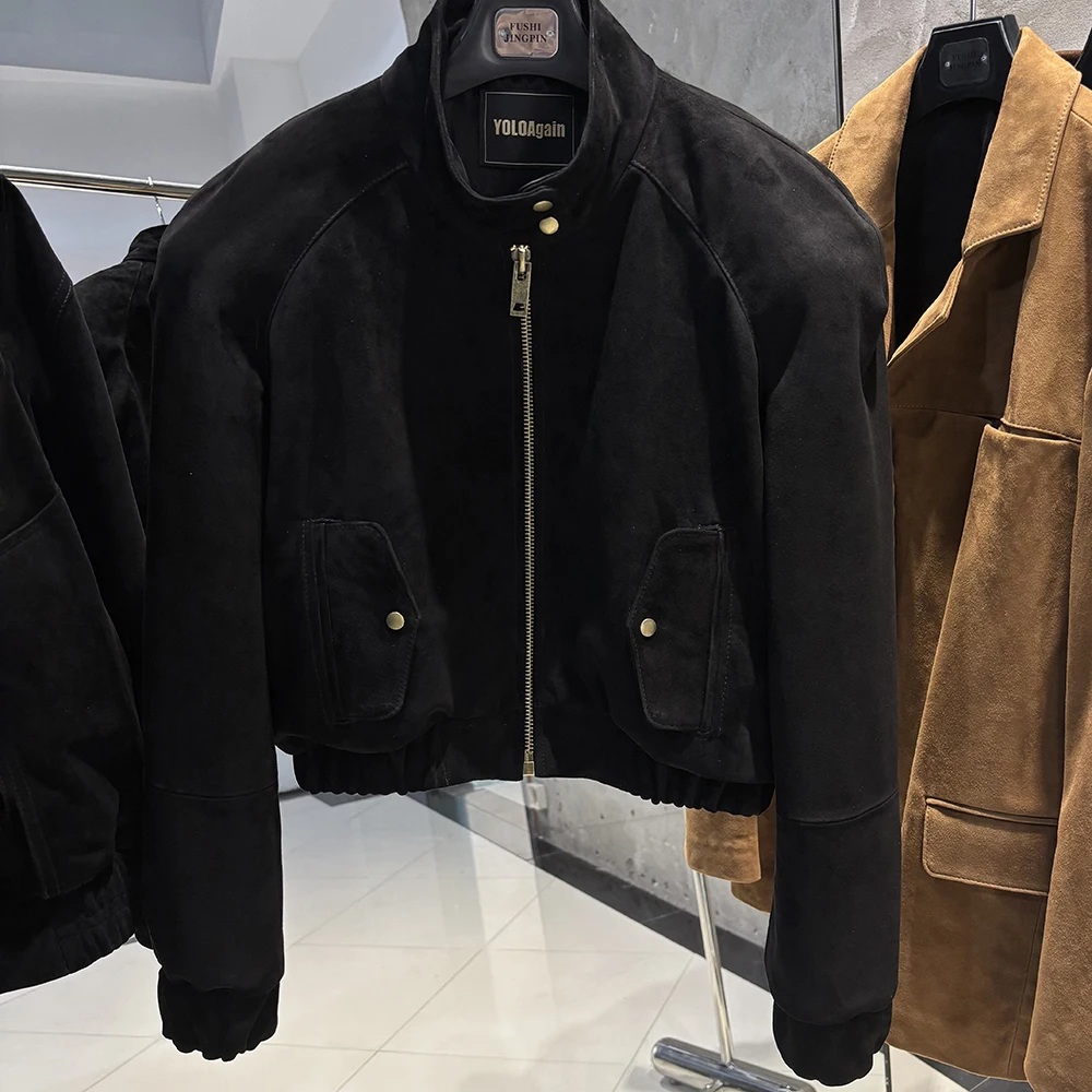 YOLOAgain Oversized Suede Leather Cropped Jacket Coat Women Drop-shoulder Dark Brown Genuine Leather Jacket Coat 2025 Autumn