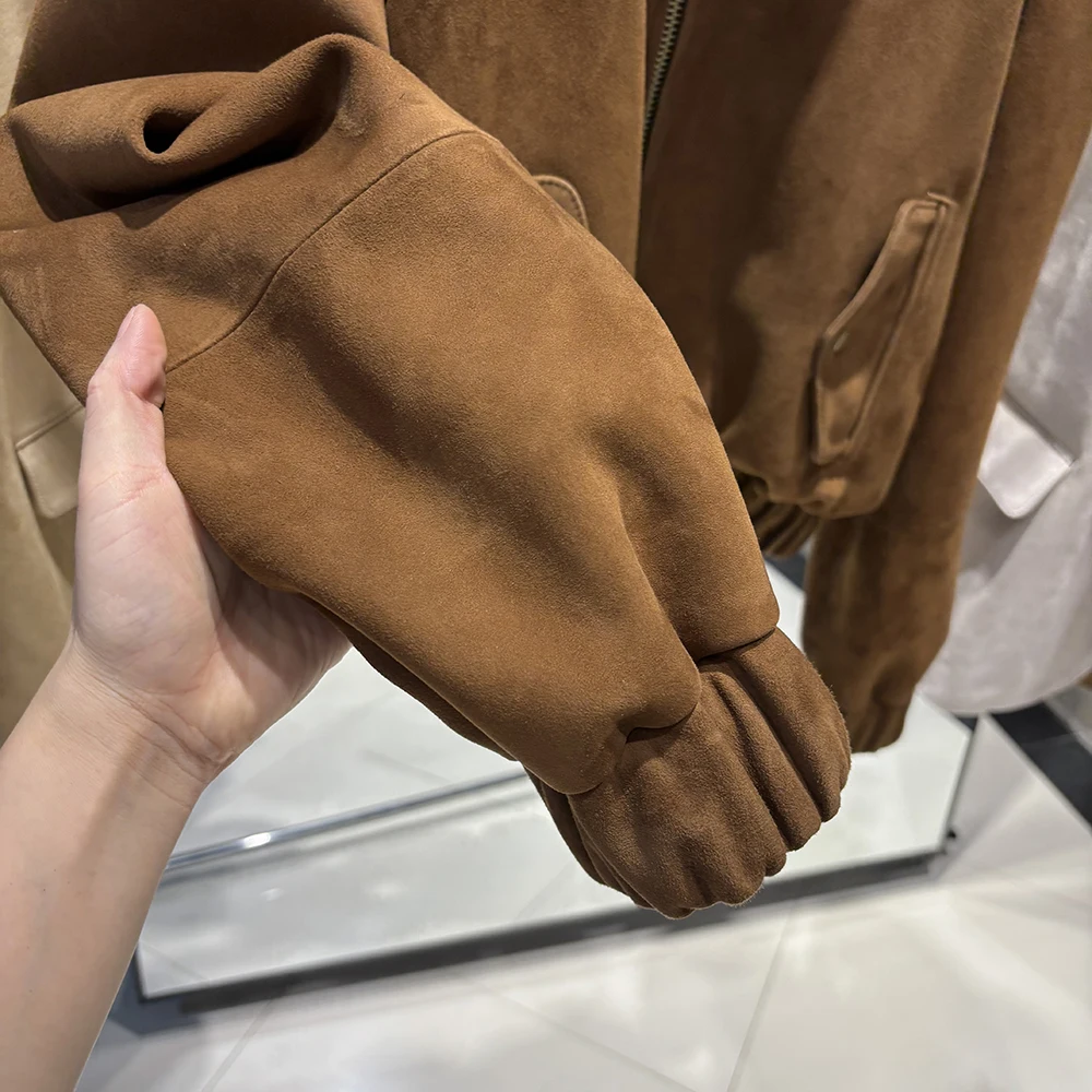 YOLOAgain Oversized Suede Leather Cropped Jacket Coat Women Drop-shoulder Dark Brown Genuine Leather Jacket Coat 2025 Autumn