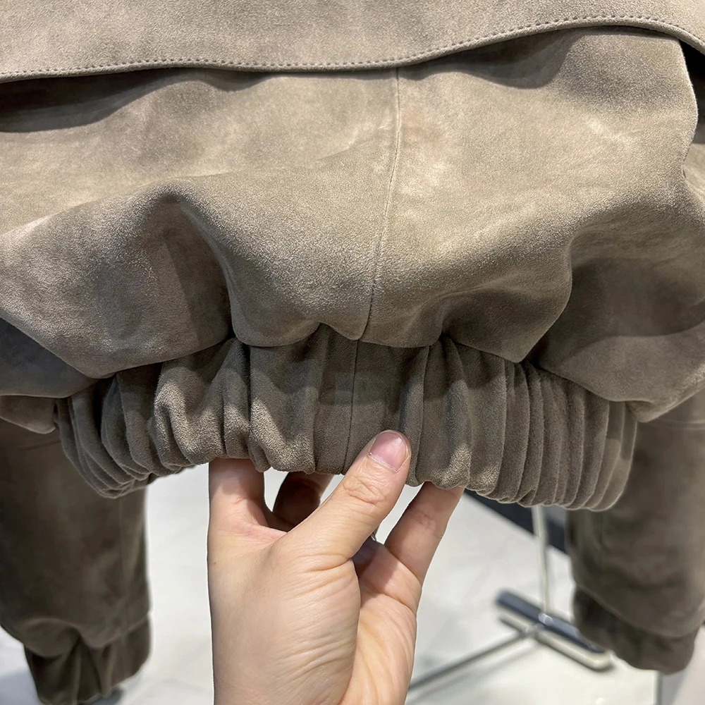 YOLOAgain Oversized Suede Leather Cropped Jacket Coat Women Drop-shoulder Dark Brown Genuine Leather Jacket Coat 2025 Autumn
