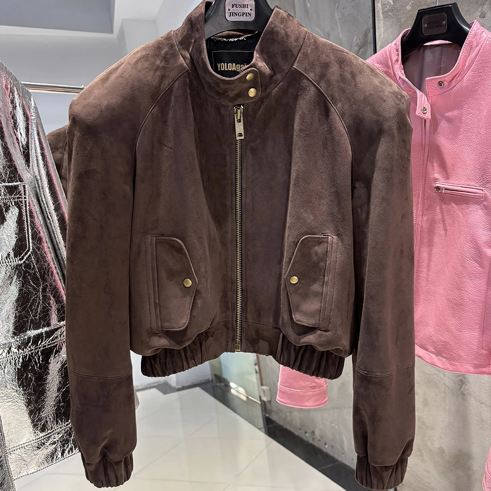YOLOAgain Oversized Suede Leather Cropped Jacket Coat Women Drop-shoulder Dark Brown Genuine Leather Jacket Coat 2025 Autumn