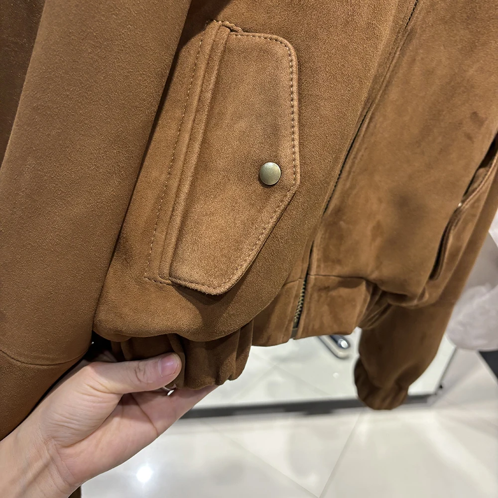 YOLOAgain Oversized Suede Leather Cropped Jacket Coat Women Drop-shoulder Dark Brown Genuine Leather Jacket Coat 2025 Autumn