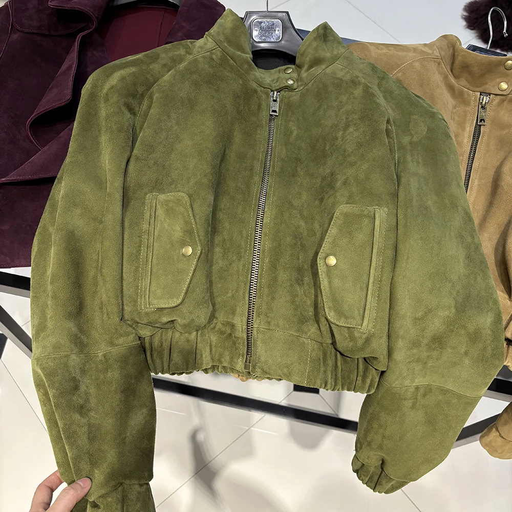 YOLOAgain Oversized Suede Leather Cropped Jacket Coat Women Drop-shoulder Dark Brown Genuine Leather Jacket Coat 2025 Autumn