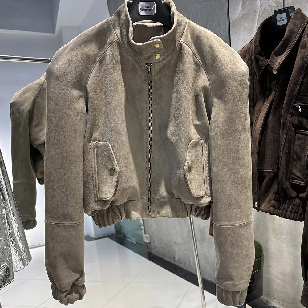 YOLOAgain Oversized Suede Leather Cropped Jacket Coat Women Drop-shoulder Dark Brown Genuine Leather Jacket Coat 2025 Autumn