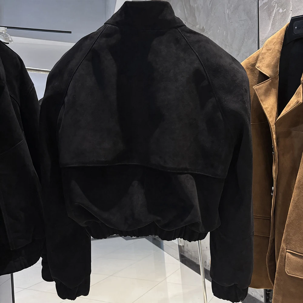YOLOAgain Oversized Suede Leather Cropped Jacket Coat Women Drop-shoulder Dark Brown Genuine Leather Jacket Coat 2025 Autumn