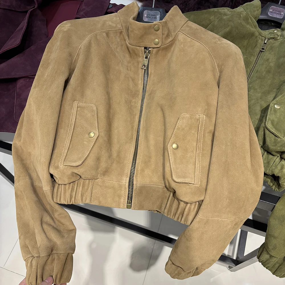 YOLOAgain Oversized Suede Leather Cropped Jacket Coat Women Drop-shoulder Dark Brown Genuine Leather Jacket Coat 2025 Autumn