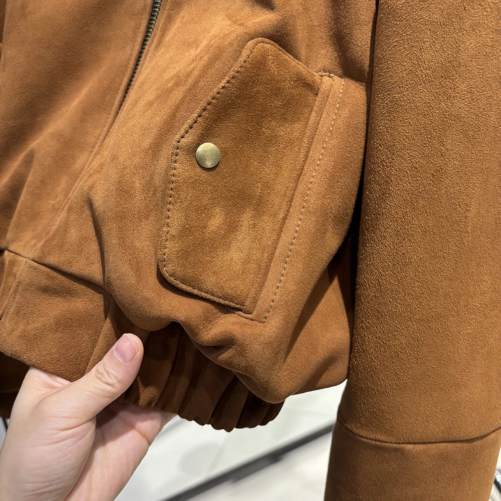 YOLOAgain Oversized Suede Leather Cropped Jacket Coat Women Drop-shoulder Dark Brown Genuine Leather Jacket Coat 2025 Autumn