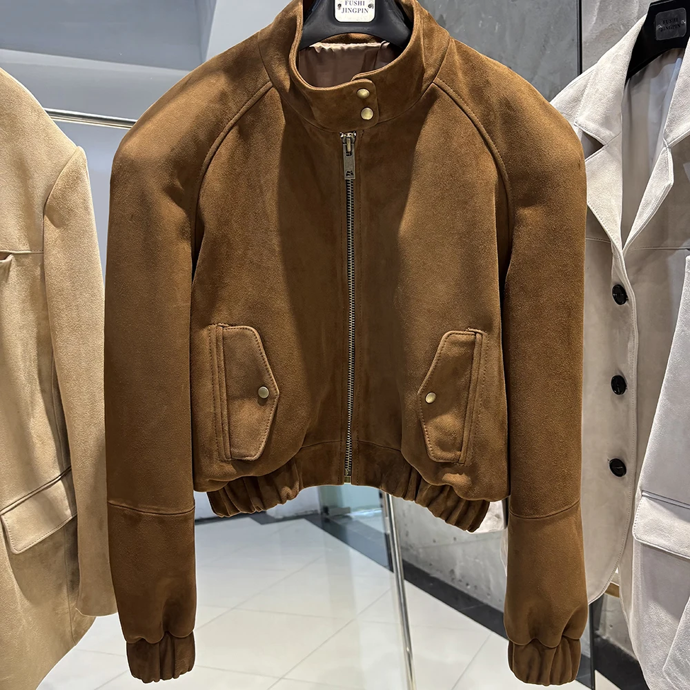 YOLOAgain Oversized Suede Leather Cropped Jacket Coat Women Drop-shoulder Dark Brown Genuine Leather Jacket Coat 2025 Autumn