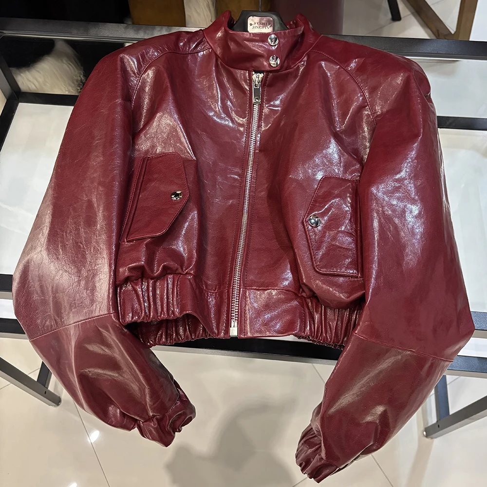YOLOAgain Oversized Suede Leather Cropped Jacket Coat Women Drop-shoulder Dark Brown Genuine Leather Jacket Coat 2025 Autumn