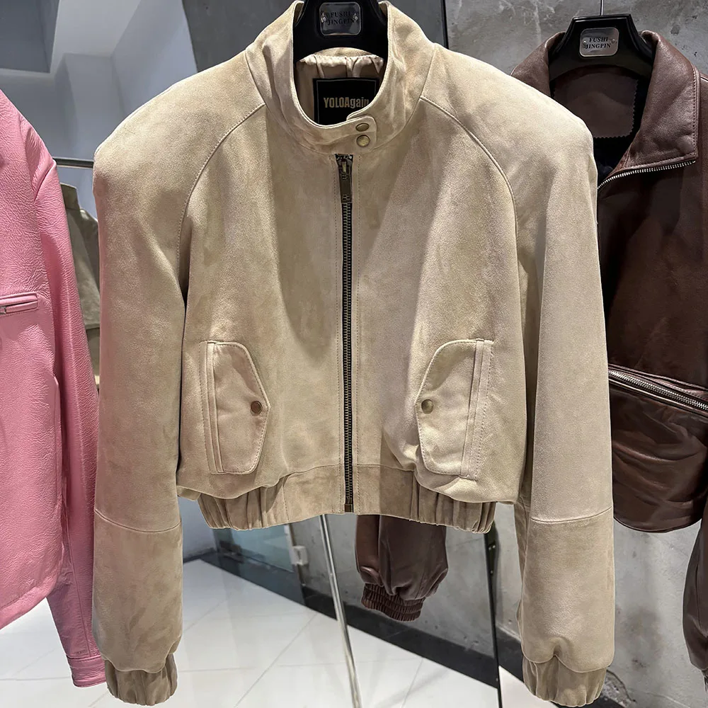 YOLOAgain Oversized Suede Leather Cropped Jacket Coat Women Drop-shoulder Dark Brown Genuine Leather Jacket Coat 2025 Autumn