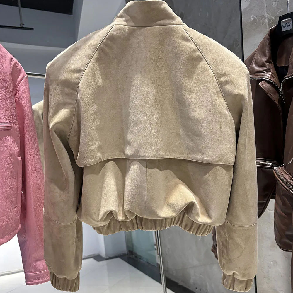 YOLOAgain Oversized Suede Leather Cropped Jacket Coat Women Drop-shoulder Dark Brown Genuine Leather Jacket Coat 2025 Autumn