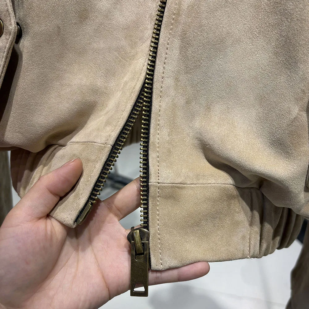 YOLOAgain Oversized Suede Leather Cropped Jacket Coat Women Drop-shoulder Dark Brown Genuine Leather Jacket Coat 2025 Autumn