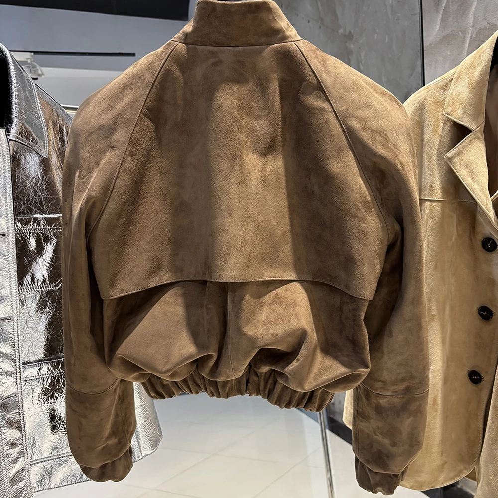 YOLOAgain Oversized Suede Leather Cropped Jacket Coat Women Drop-shoulder Dark Brown Genuine Leather Jacket Coat 2025 Autumn