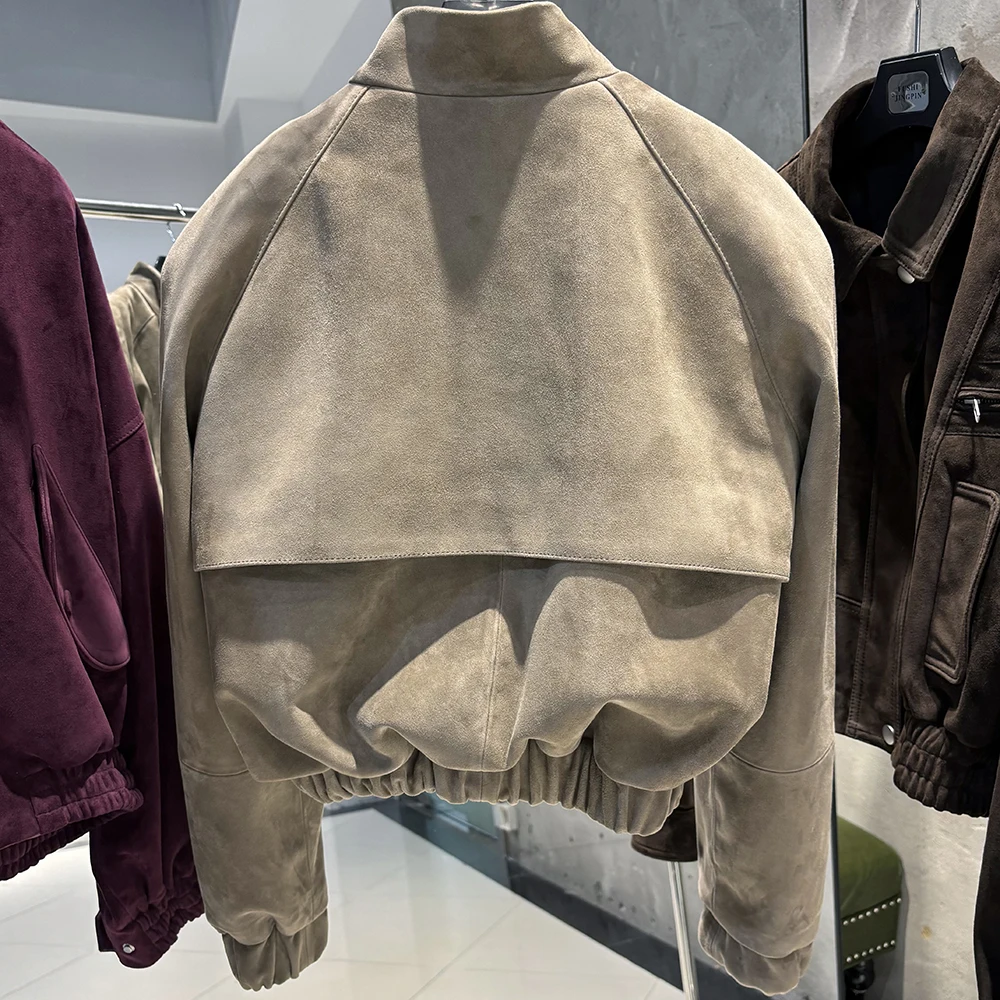 YOLOAgain Oversized Suede Leather Cropped Jacket Coat Women Drop-shoulder Dark Brown Genuine Leather Jacket Coat 2025 Autumn