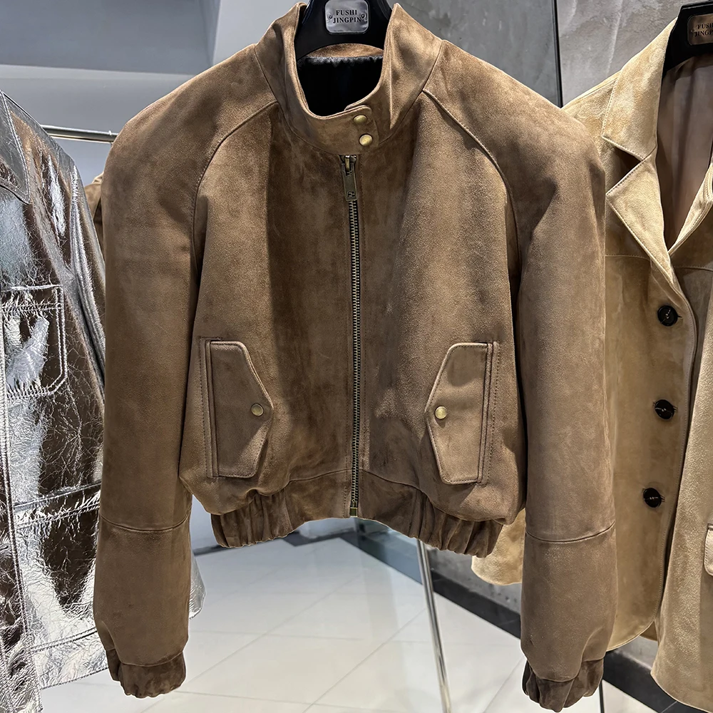 YOLOAgain Oversized Suede Leather Cropped Jacket Coat Women Drop-shoulder Dark Brown Genuine Leather Jacket Coat 2025 Autumn