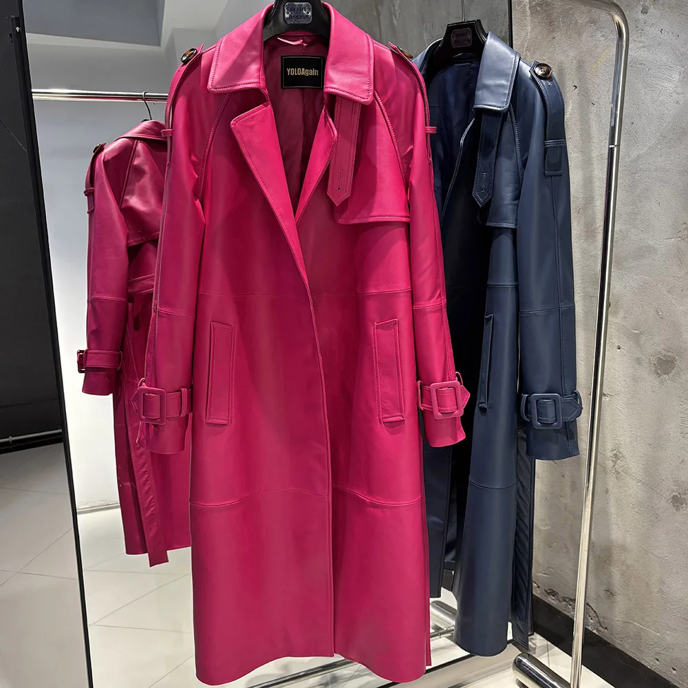 YOLOAgain High Quality Real Leather Trench Coat Women Genuine Leather Jacket Windbreak Female