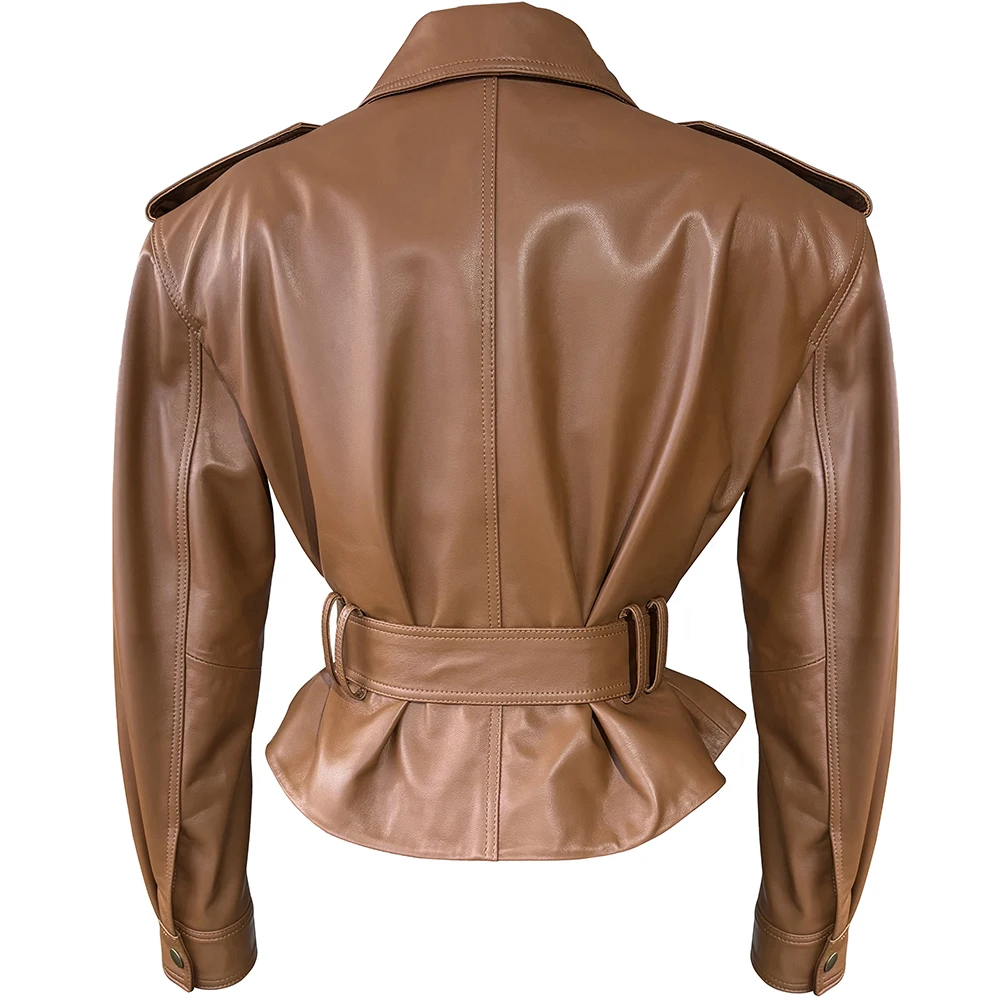 YOLOAgain Real Leather Jacket Coat Women With Belt Genuine Sheepskin Brown Leather Jacket Ladies