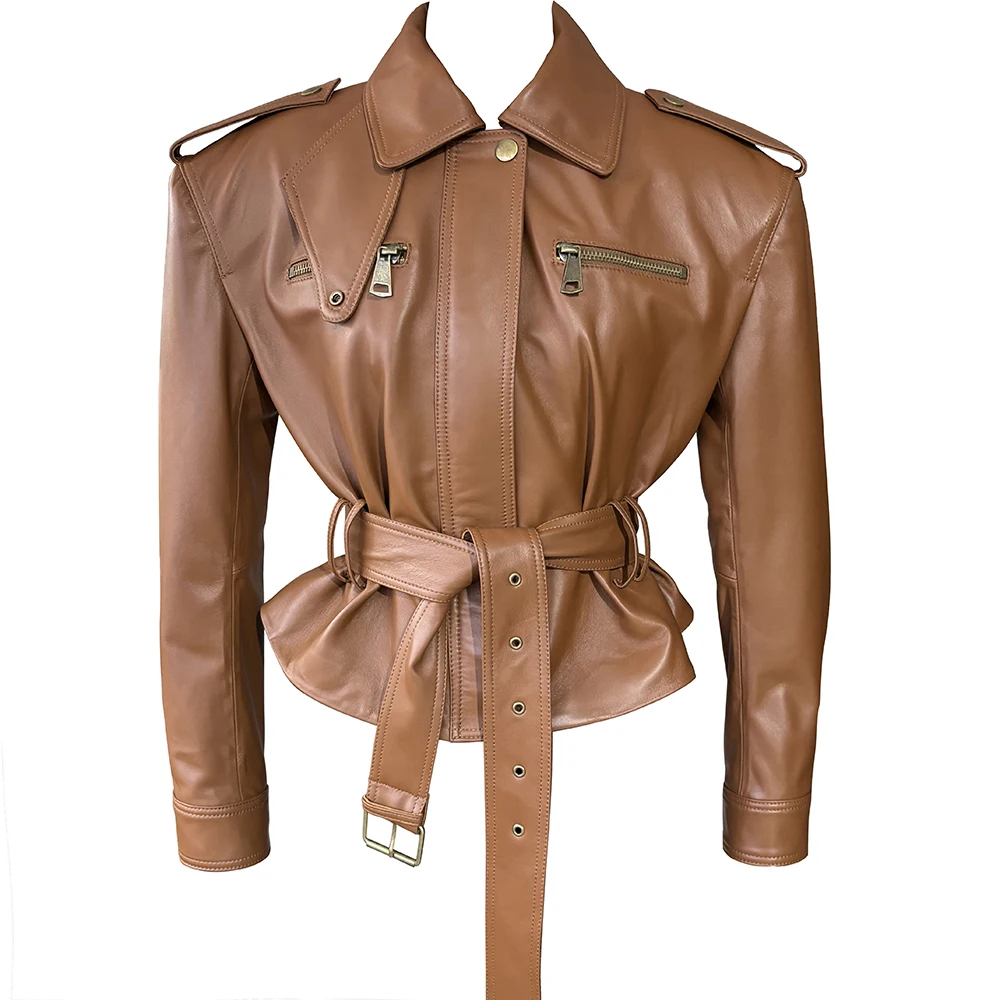 YOLOAgain Real Leather Jacket Coat Women With Belt Genuine Sheepskin Brown Leather Jacket Ladies