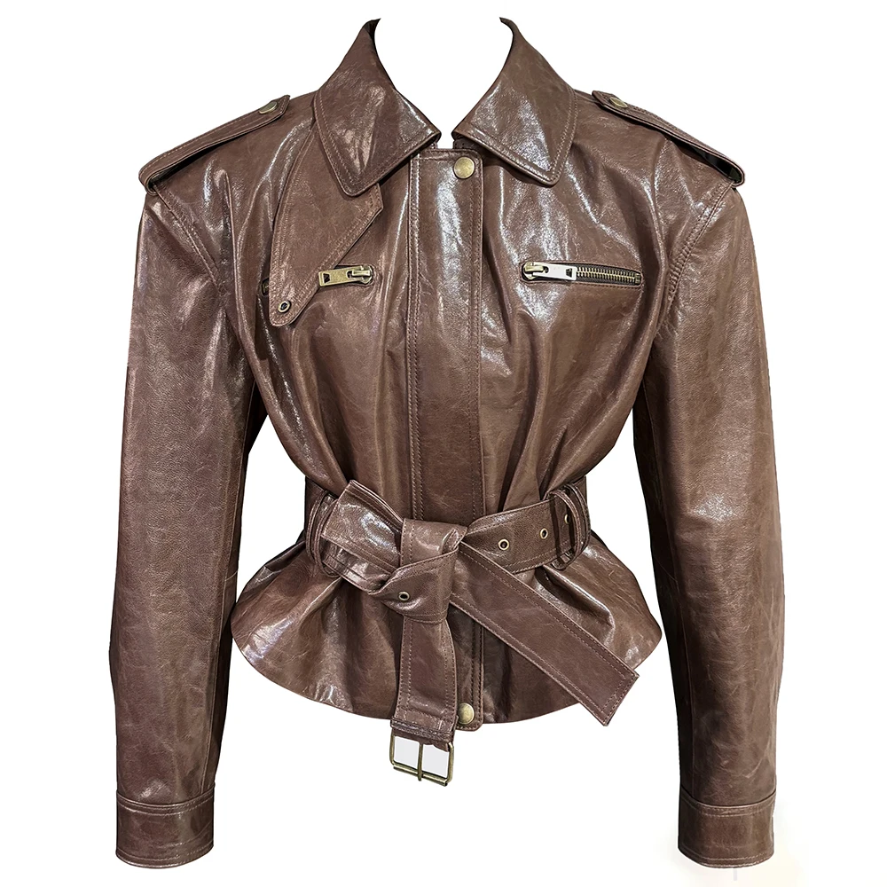 YOLOAgain Real Leather Jacket Coat Women With Belt Genuine Sheepskin Brown Leather Jacket Ladies