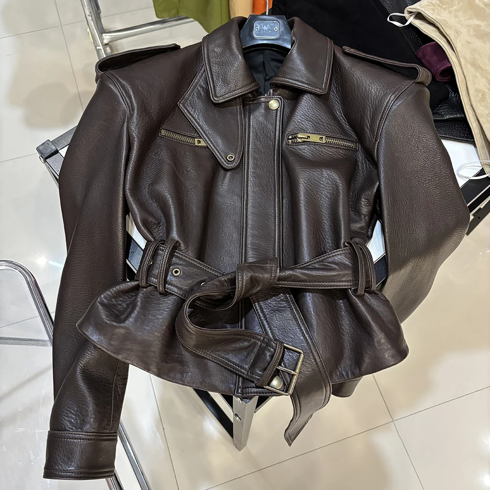 YOLOAgain Real Leather Jacket Coat Women With Belt Genuine Sheepskin Brown Leather Jacket Ladies