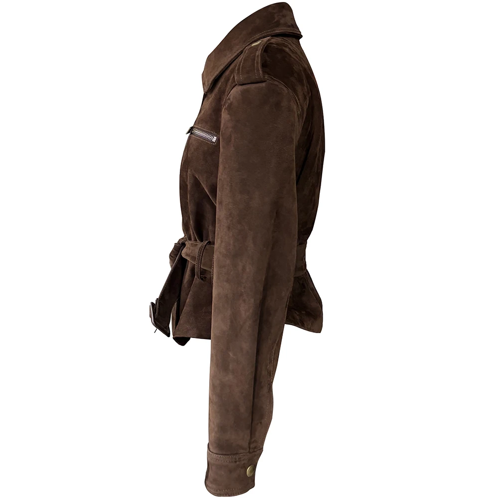 YOLOAgain Real Leather Jacket Coat Women With Belt Genuine Sheepskin Brown Leather Jacket Ladies