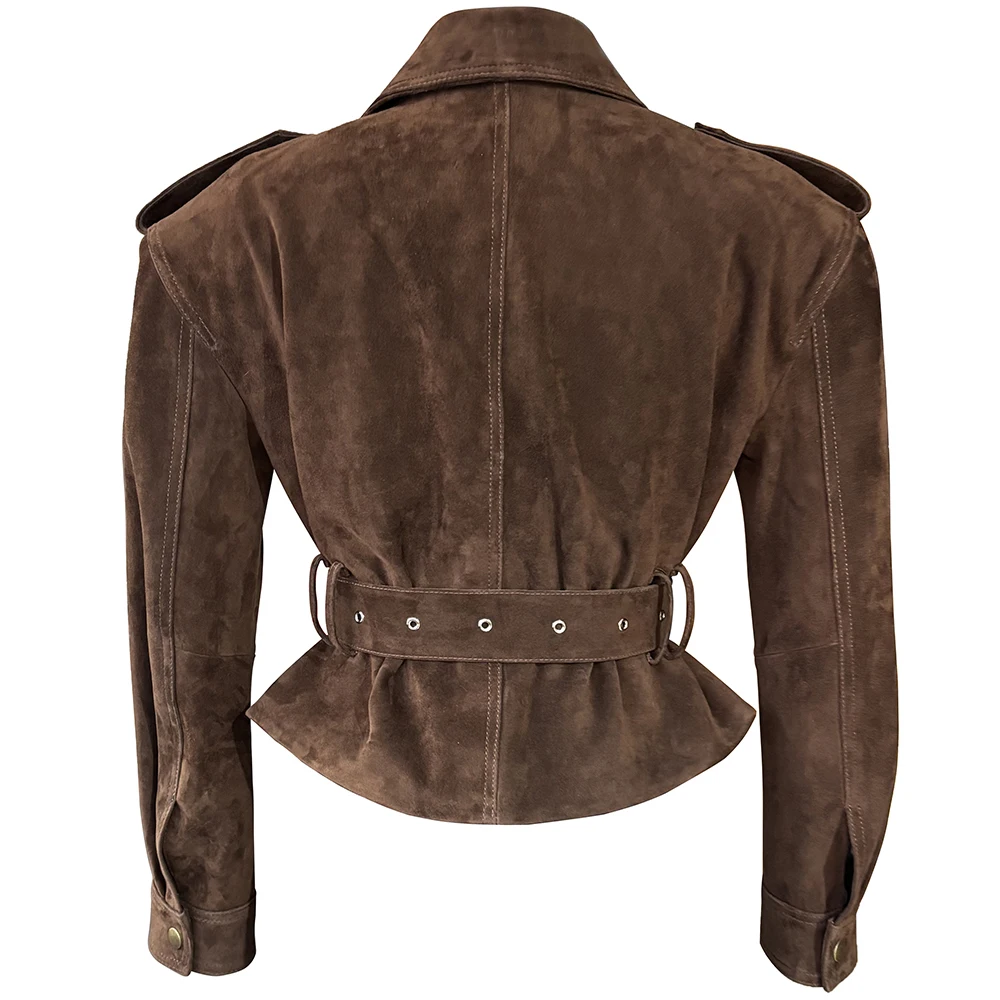 YOLOAgain Real Leather Jacket Coat Women With Belt Genuine Sheepskin Brown Leather Jacket Ladies