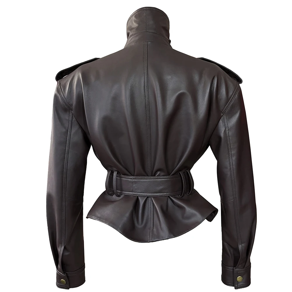 YOLOAgain Real Leather Jacket Coat Women With Belt Genuine Sheepskin Brown Leather Jacket Ladies