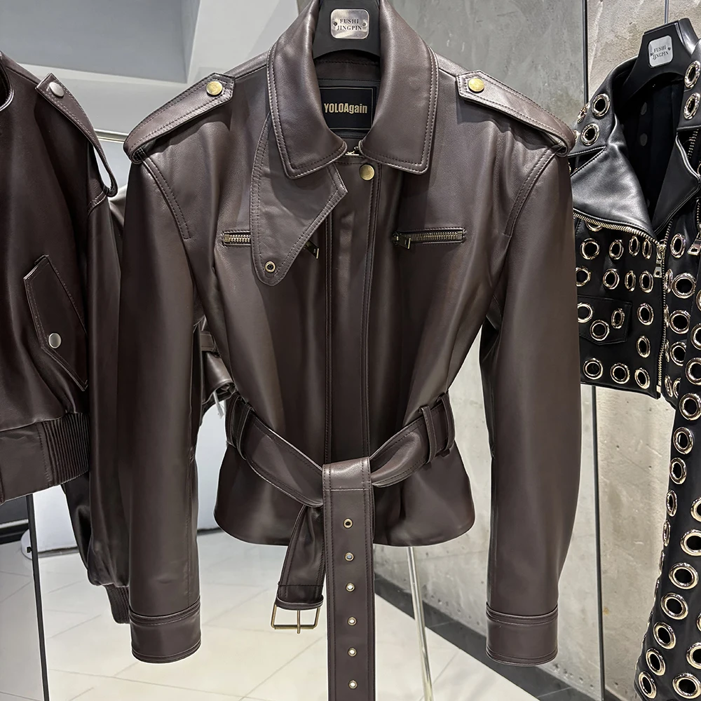 YOLOAgain Real Leather Jacket Coat Women With Belt Genuine Sheepskin Brown Leather Jacket Ladies