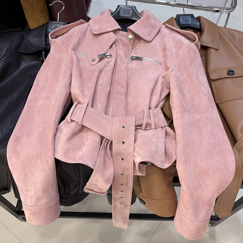 YOLOAgain Real Leather Jacket Coat Women With Belt Genuine Sheepskin Brown Leather Jacket Ladies