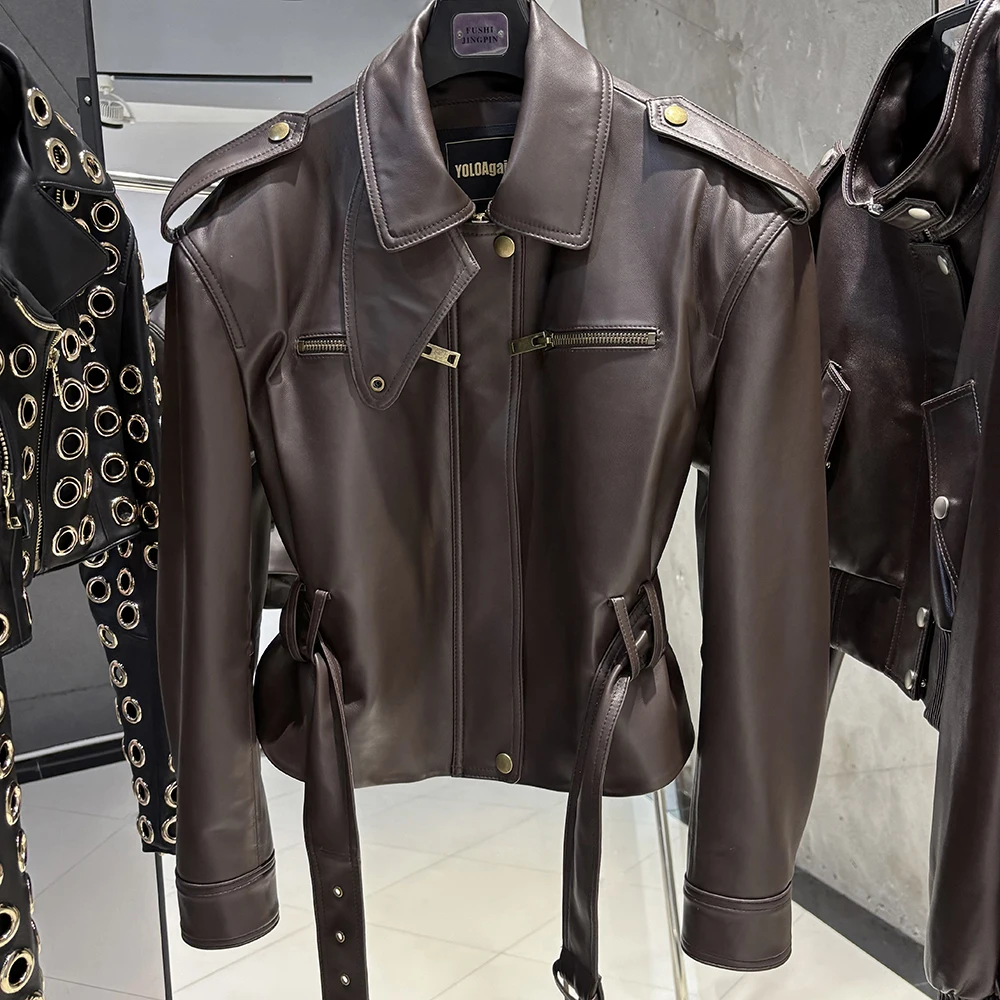 YOLOAgain Real Leather Jacket Coat Women With Belt Genuine Sheepskin Brown Leather Jacket Ladies