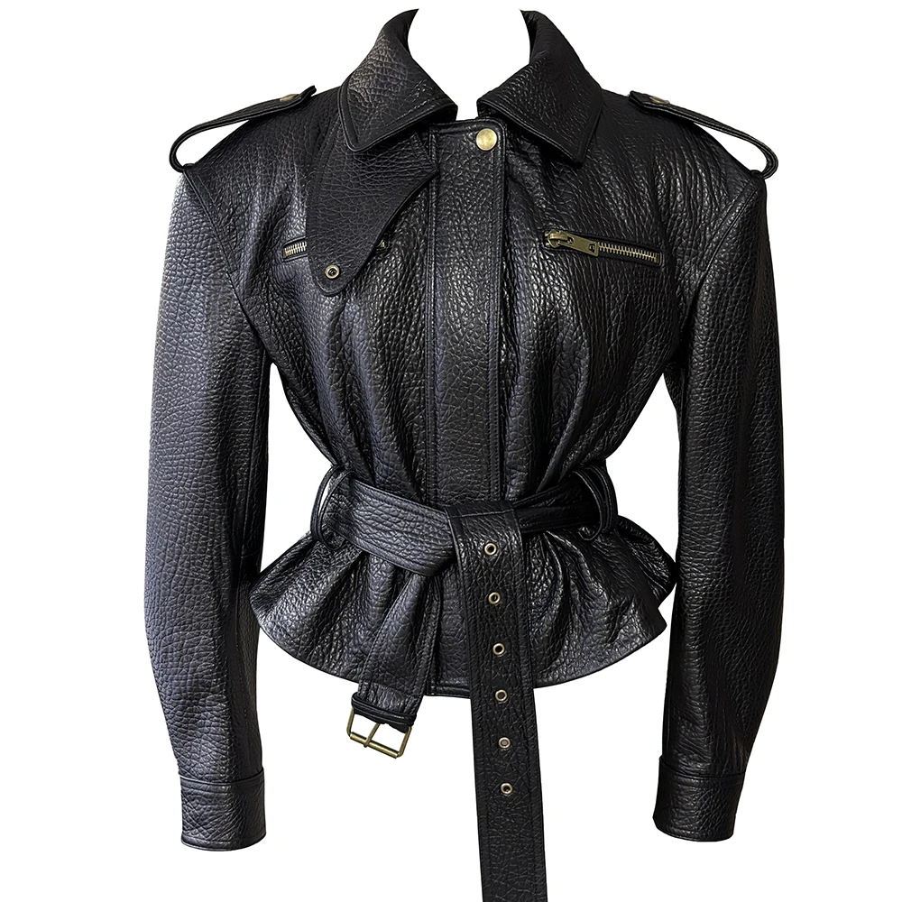 YOLOAgain Real Leather Jacket Coat Women With Belt Genuine Sheepskin Brown Leather Jacket Ladies