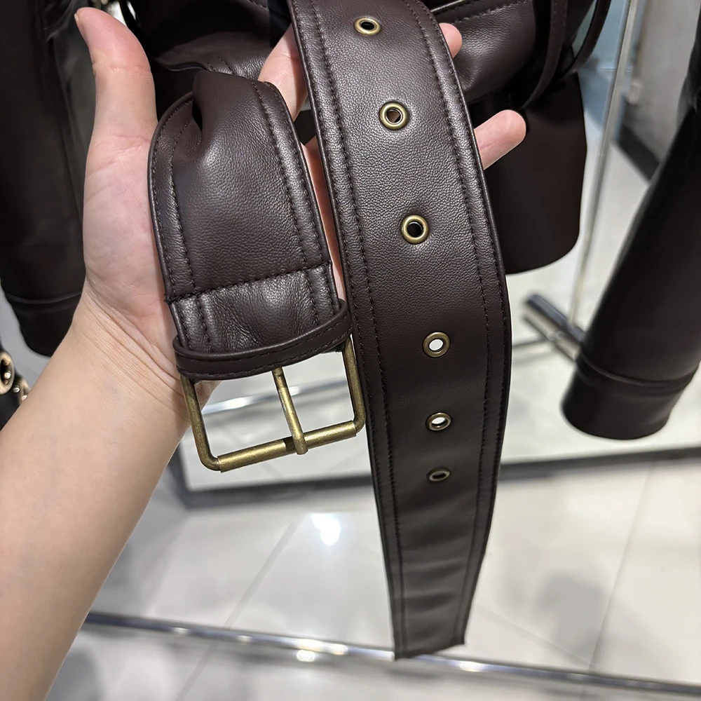 YOLOAgain Real Leather Jacket Coat Women With Belt Genuine Sheepskin Brown Leather Jacket Ladies