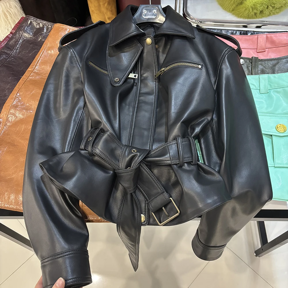 YOLOAgain Real Leather Jacket Coat Women With Belt Genuine Sheepskin Brown Leather Jacket Ladies