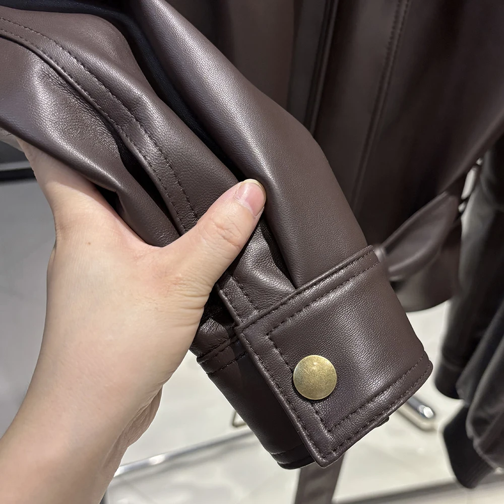 YOLOAgain Real Leather Jacket Coat Women With Belt Genuine Sheepskin Brown Leather Jacket Ladies