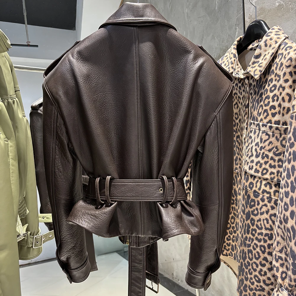 YOLOAgain Real Leather Jacket Coat Women With Belt Genuine Sheepskin Brown Leather Jacket Ladies