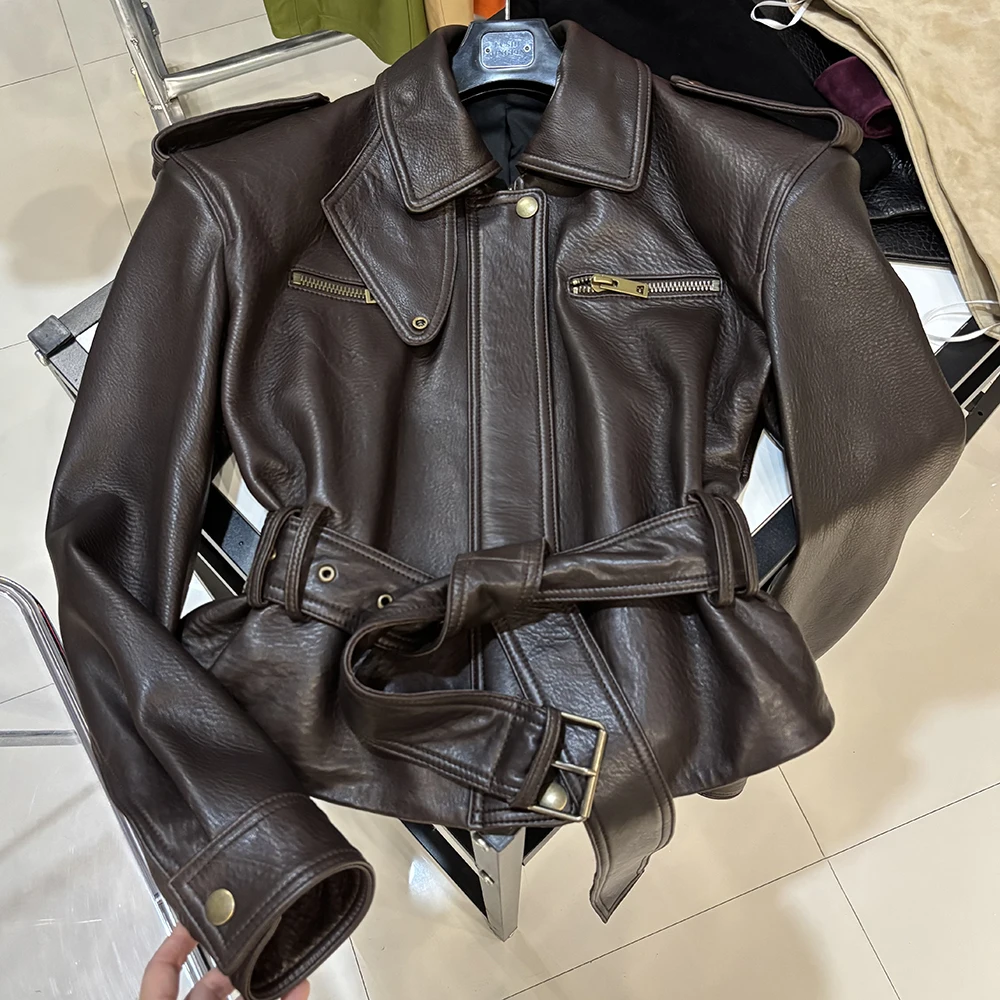 YOLOAgain Real Leather Jacket Coat Women With Belt Genuine Sheepskin Brown Leather Jacket Ladies