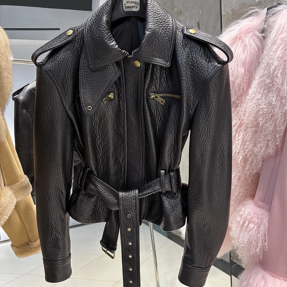 YOLOAgain Real Leather Jacket Coat Women With Belt Genuine Sheepskin Brown Leather Jacket Ladies