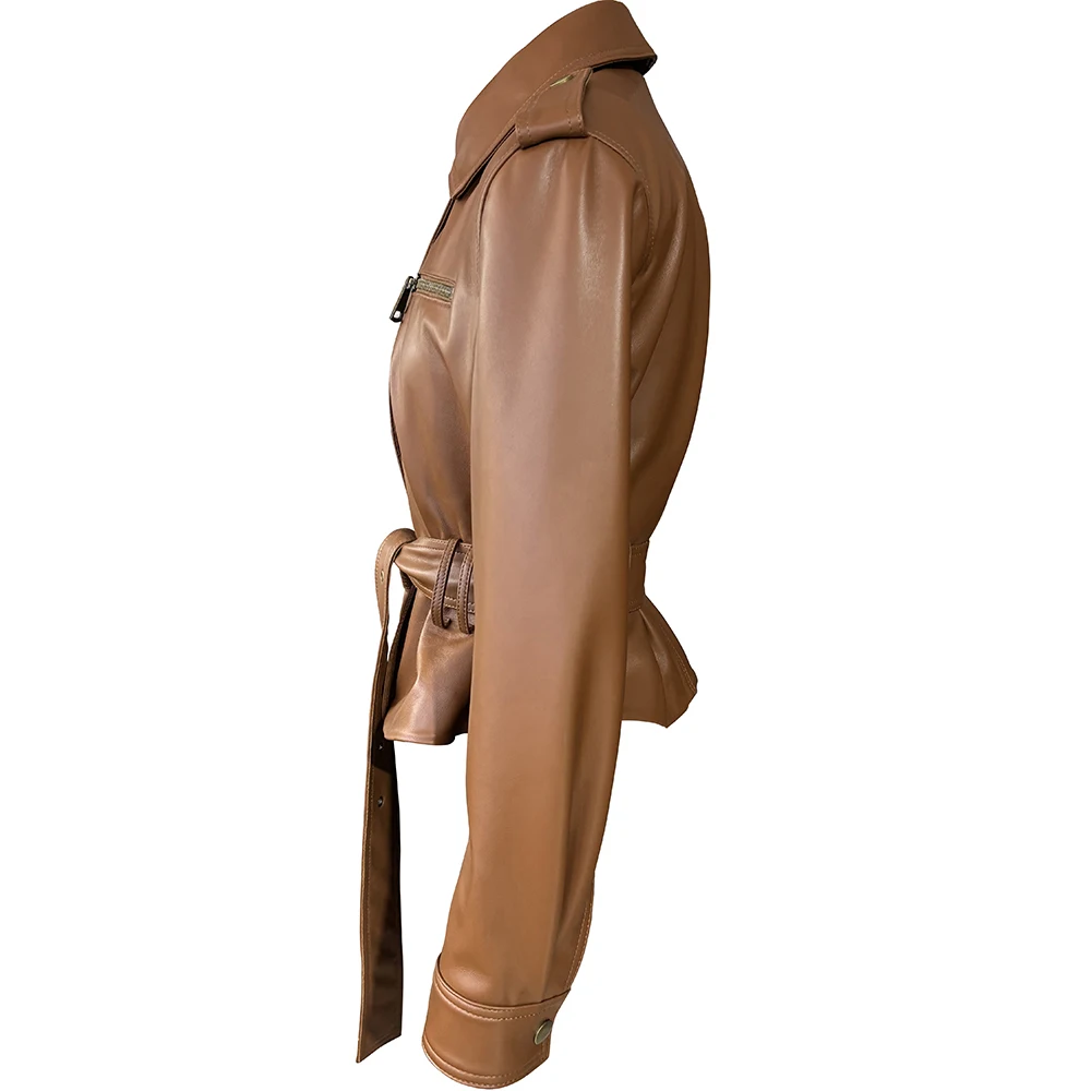 YOLOAgain Real Leather Jacket Coat Women With Belt Genuine Sheepskin Brown Leather Jacket Ladies