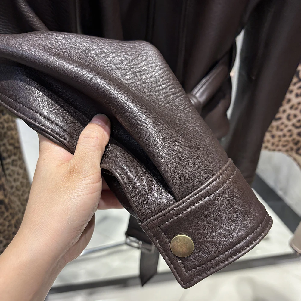 YOLOAgain Real Leather Jacket Coat Women With Belt Genuine Sheepskin Brown Leather Jacket Ladies