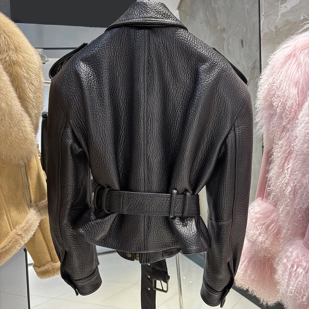 YOLOAgain Real Leather Jacket Coat Women With Belt Genuine Sheepskin Brown Leather Jacket Ladies