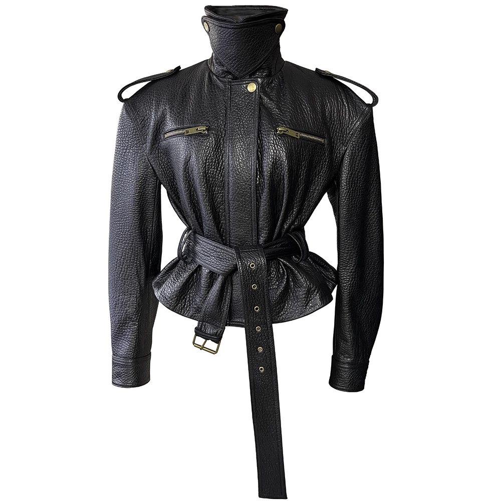 YOLOAgain Real Leather Jacket Coat Women With Belt Genuine Sheepskin Brown Leather Jacket Ladies