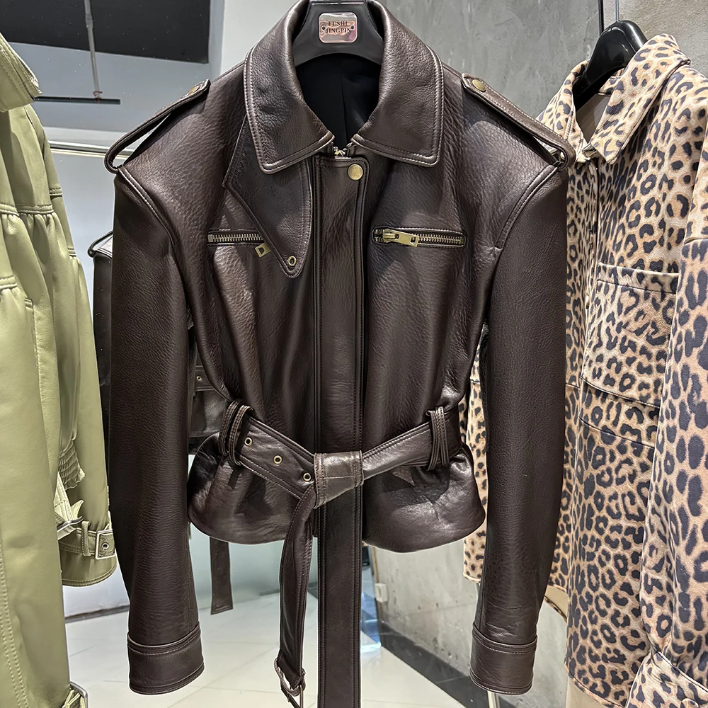 YOLOAgain Real Leather Jacket Coat Women With Belt Genuine Sheepskin Brown Leather Jacket Ladies