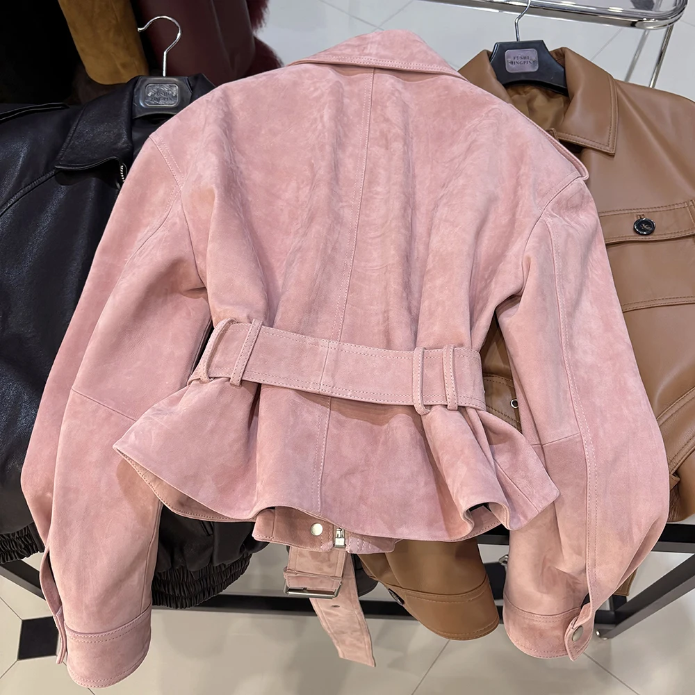YOLOAgain Real Leather Jacket Coat Women With Belt Genuine Sheepskin Brown Leather Jacket Ladies