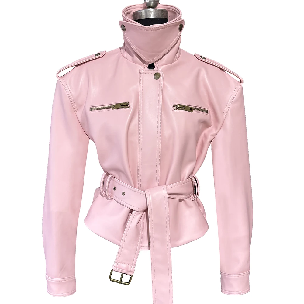 YOLOAgain Real Leather Jacket Coat Women With Belt Genuine Sheepskin Brown Leather Jacket Ladies