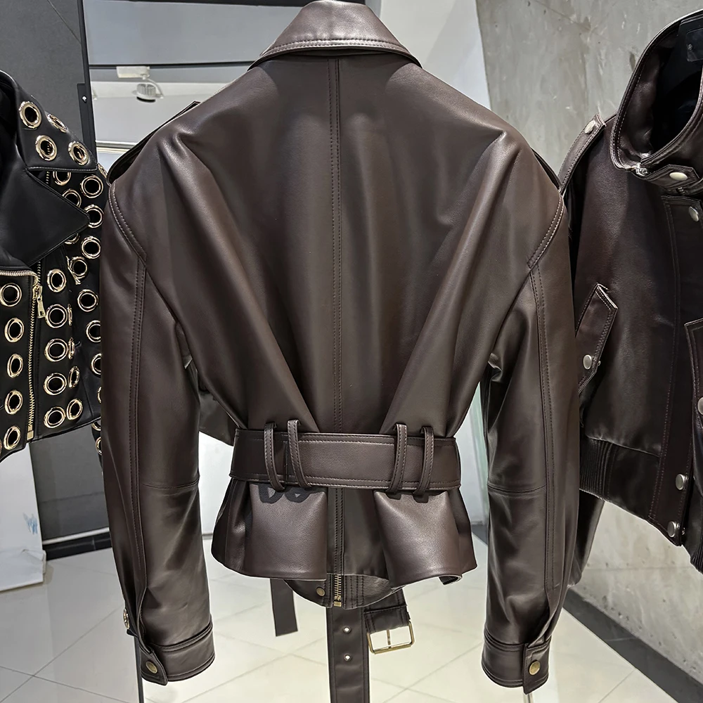 YOLOAgain Real Leather Jacket Coat Women With Belt Genuine Sheepskin Brown Leather Jacket Ladies
