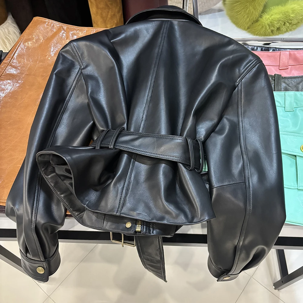 YOLOAgain Real Leather Jacket Coat Women With Belt Genuine Sheepskin Brown Leather Jacket Ladies