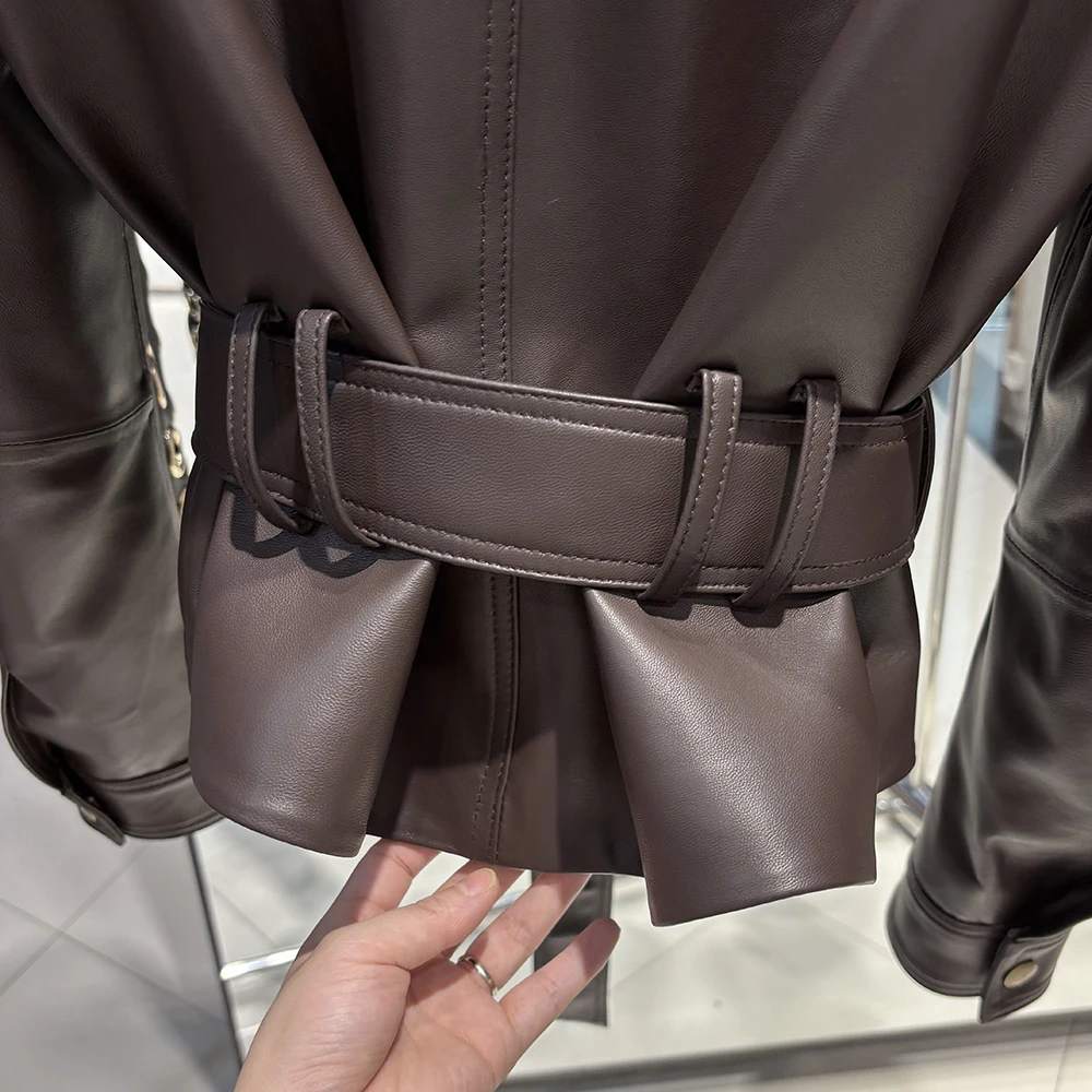 YOLOAgain Real Leather Jacket Coat Women With Belt Genuine Sheepskin Brown Leather Jacket Ladies