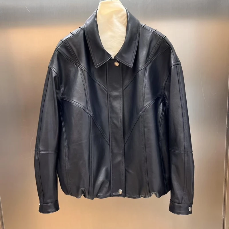 Natural Leather Women Lambskin Leather Jacket Long Sleeves 100% Sheepskin Leather Coat H723