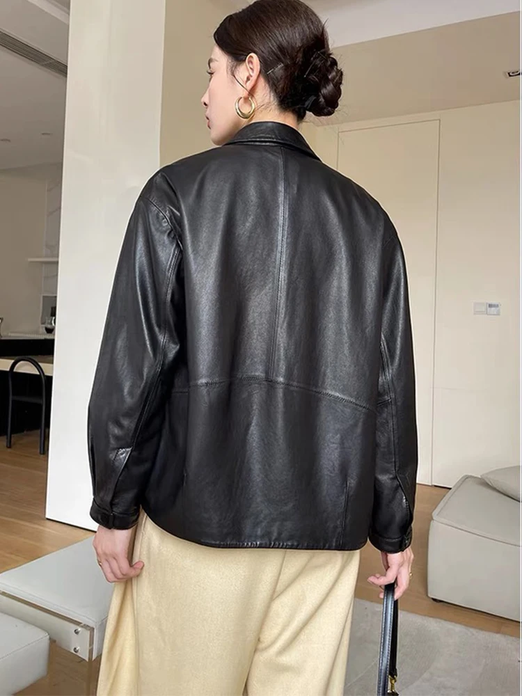 Women Spring Genuine Sheepskin Leather Autumn Fashion Classic Black Real Leather Jacket Oversize Loose Real Leather Coat